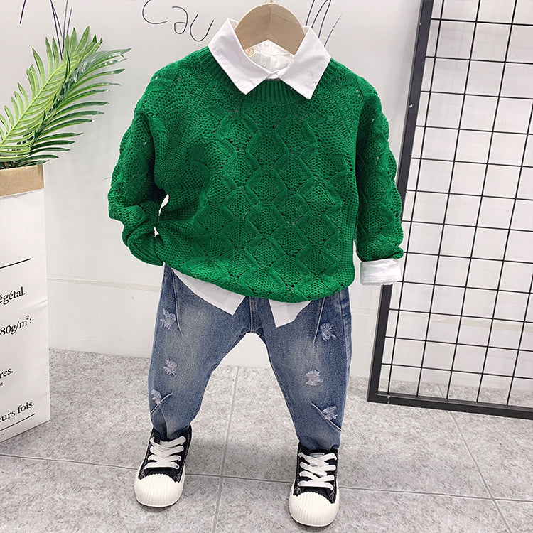 Children's New Sweater With Printed Shirt And Jeans