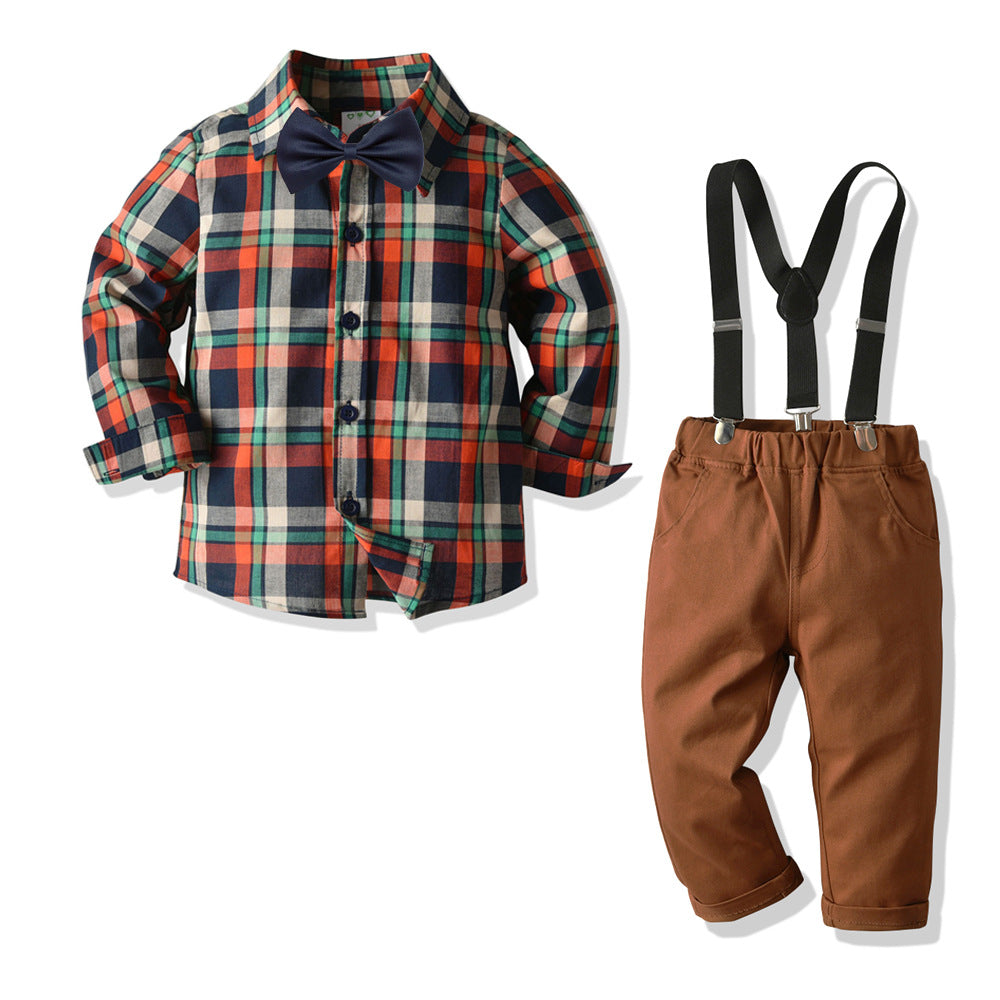 Boy's Four-piece Plaid Shirt Bib Set