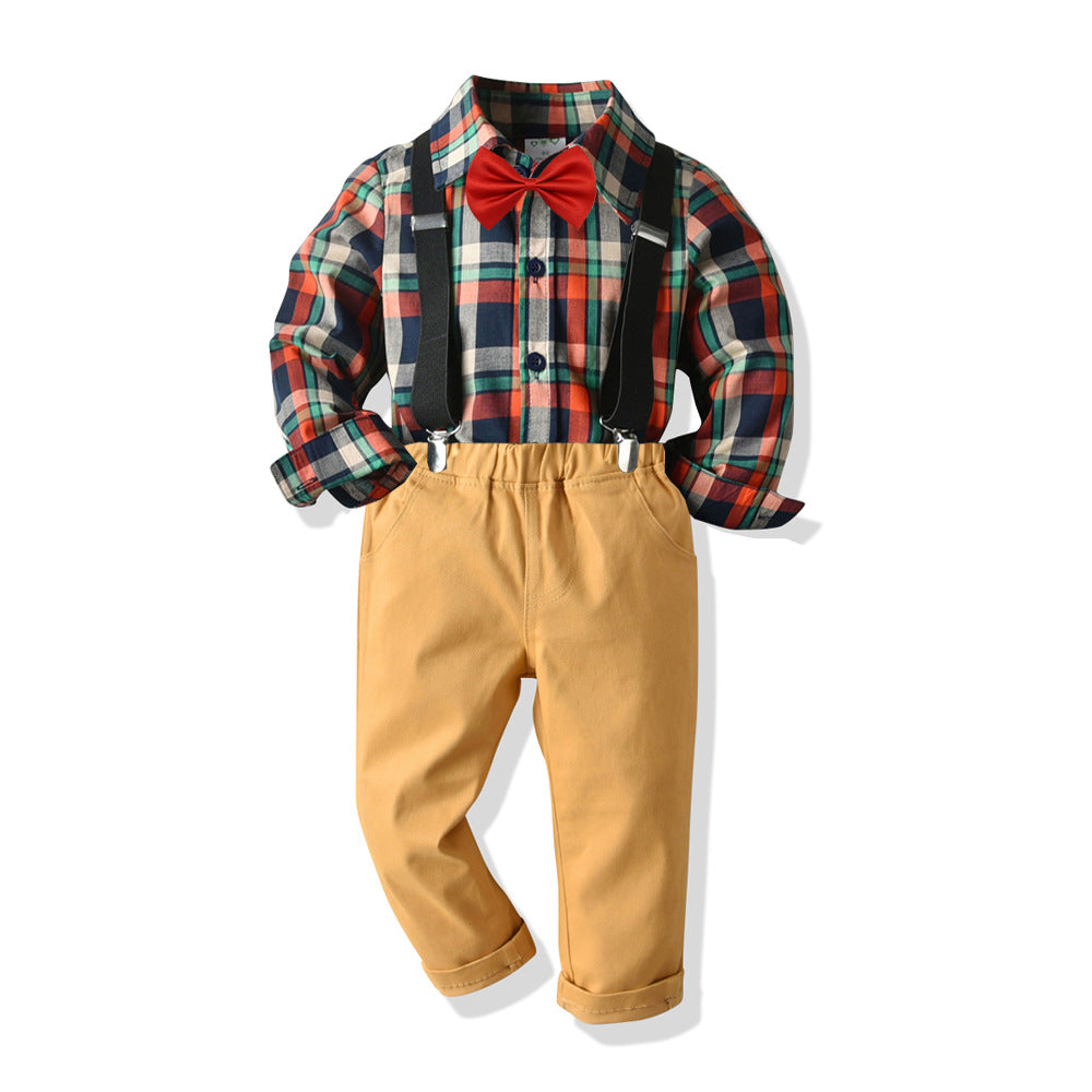 Boy's Four-piece Plaid Shirt Bib Set