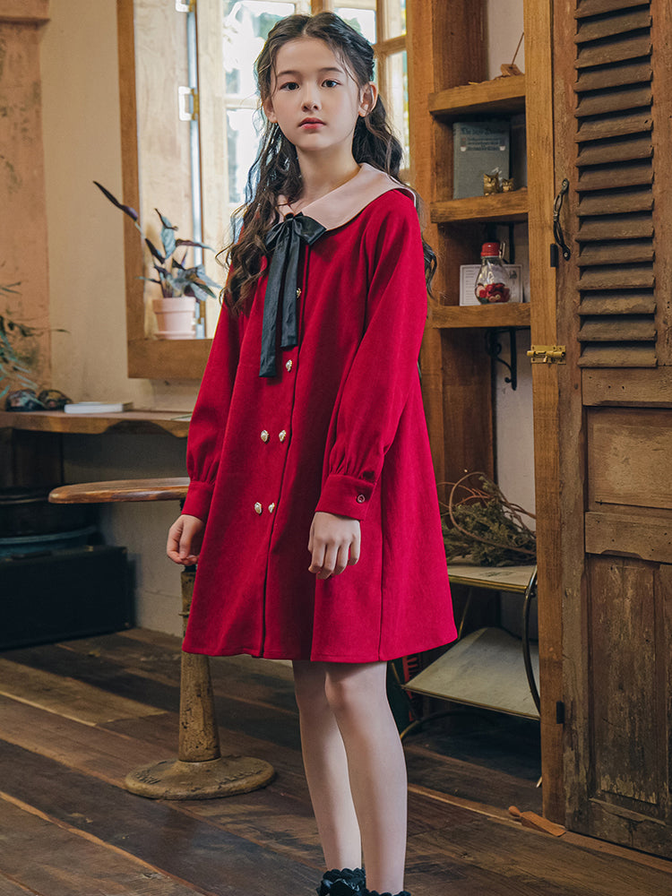 Girls' Western Style Loose Dress Plus Velvet Princess Dress Red Dress