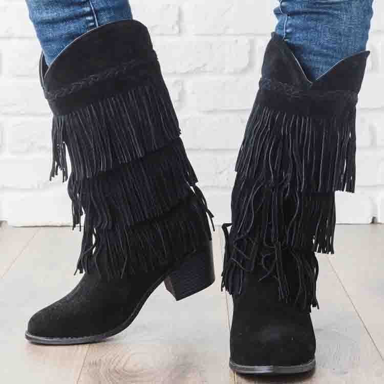 Fringed thick heel high boots