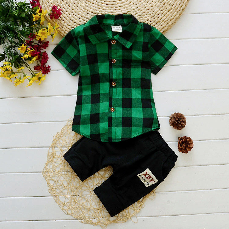 Boy's Four-piece Plaid Shirt Bib Set