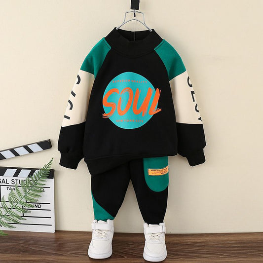 Boys' Fashion Simple Print Velvet Sweater Set