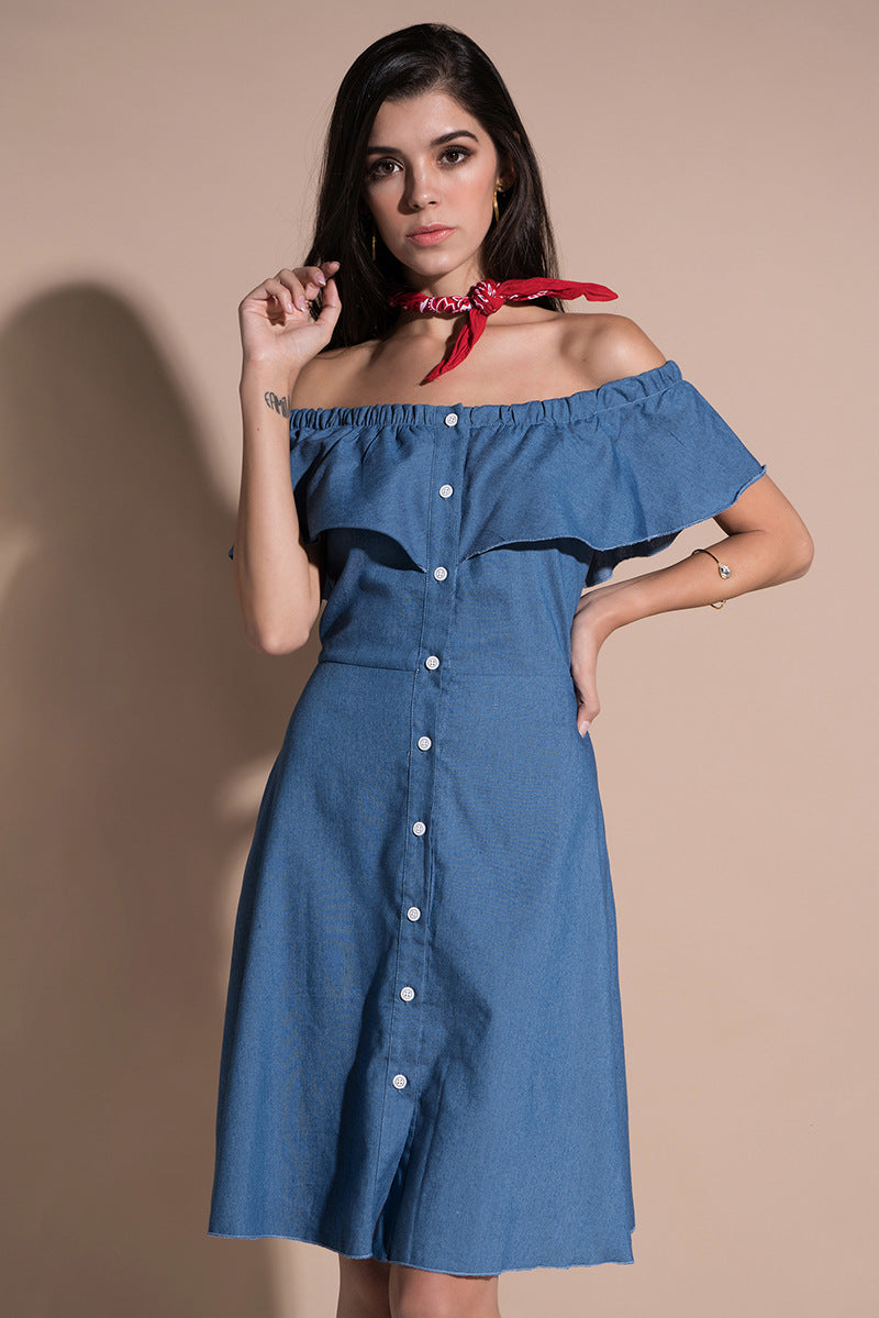 New One-Line Neck Solid Color Off-the-Shoulder Denim High Waist Dress