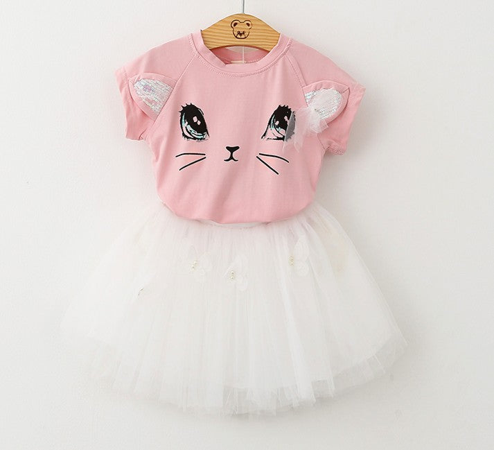 New Girls Kids Cute Cat Short Sleeve T-Shirt Butterfly Beaded Puffy Skirt Skirt Set