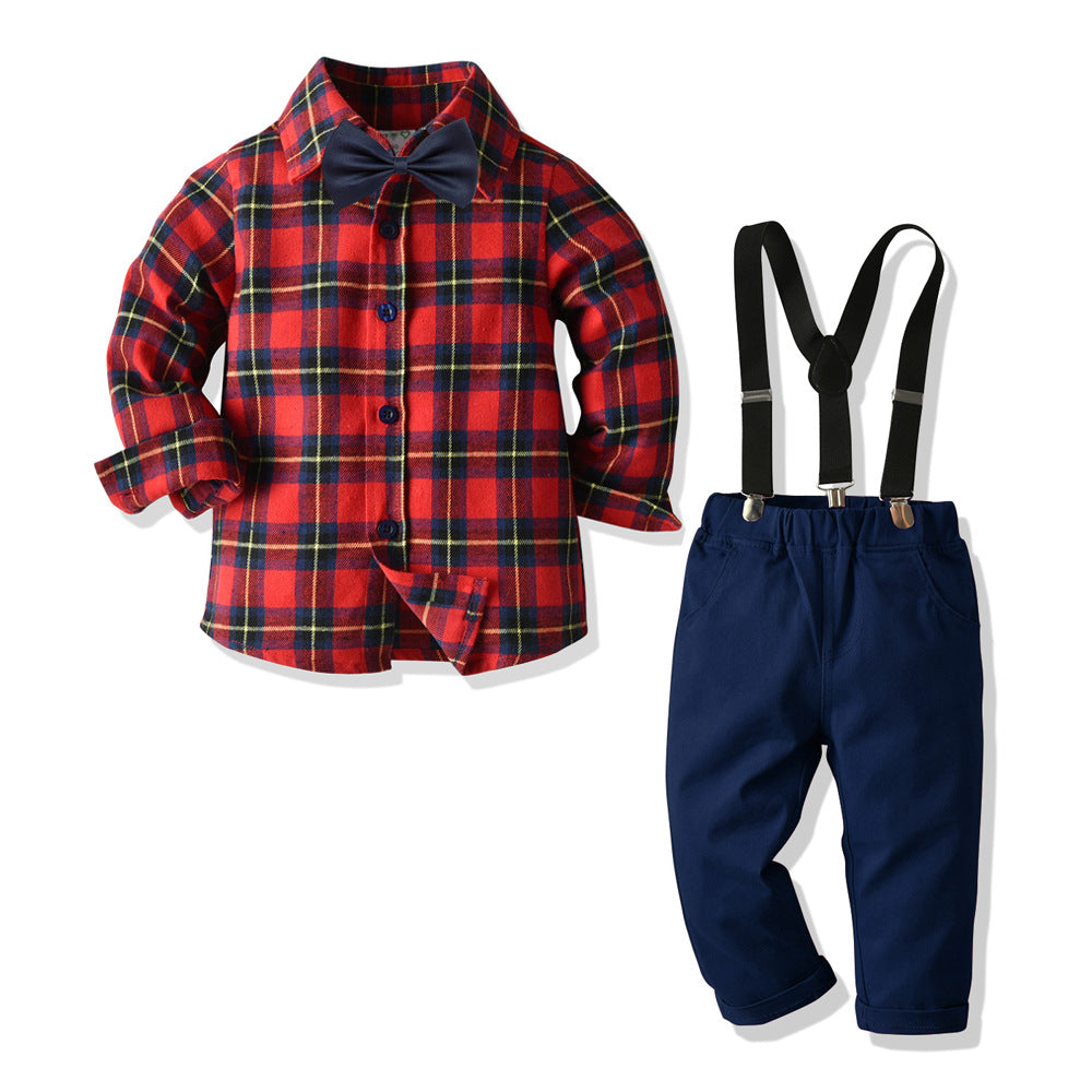 Boy's Four-piece Plaid Shirt Bib Set