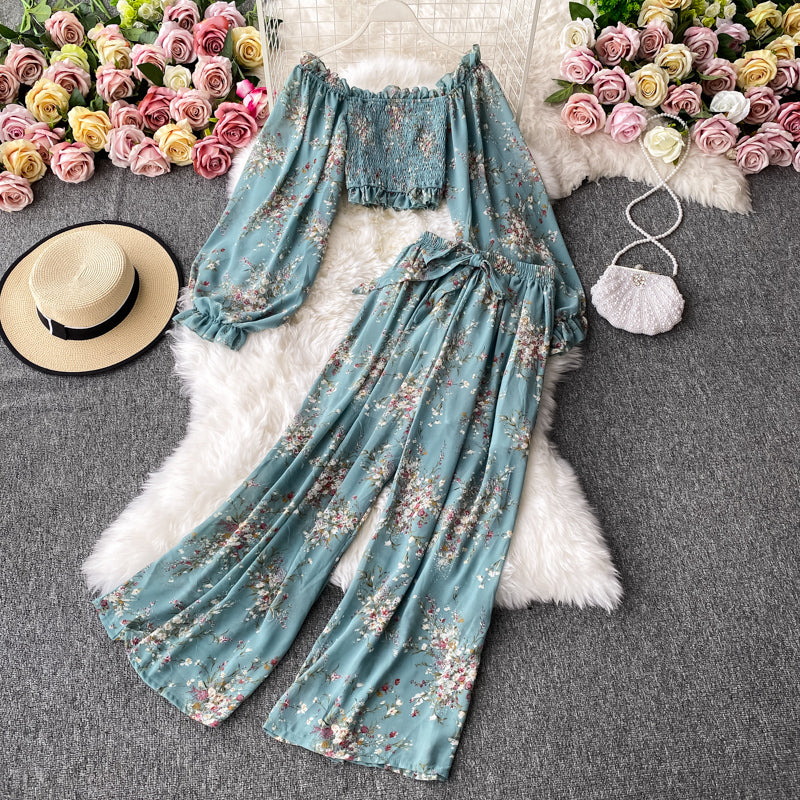 Women New Arrival Belly Button Blouse High-waisted Wide-leg Trousers Two-piece Suit