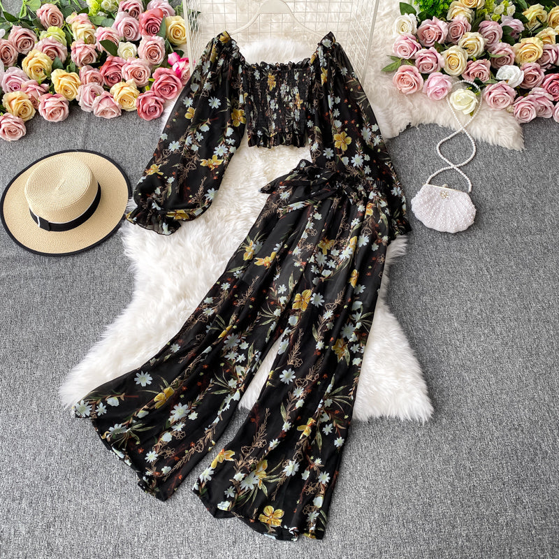 Women New Arrival Belly Button Blouse High-waisted Wide-leg Trousers Two-piece Suit