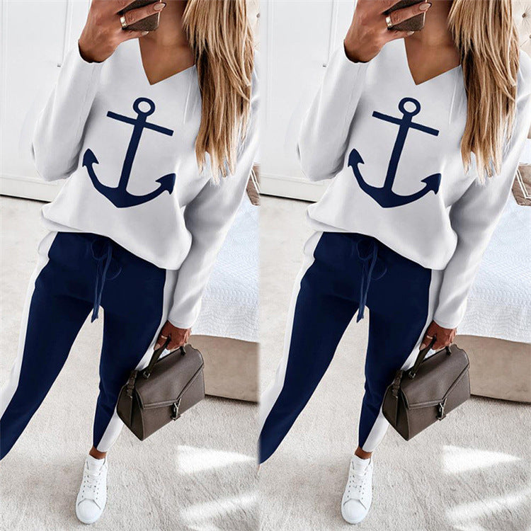 Anchor Women Print Long-sleeved V-neck Fashion Casual Suit