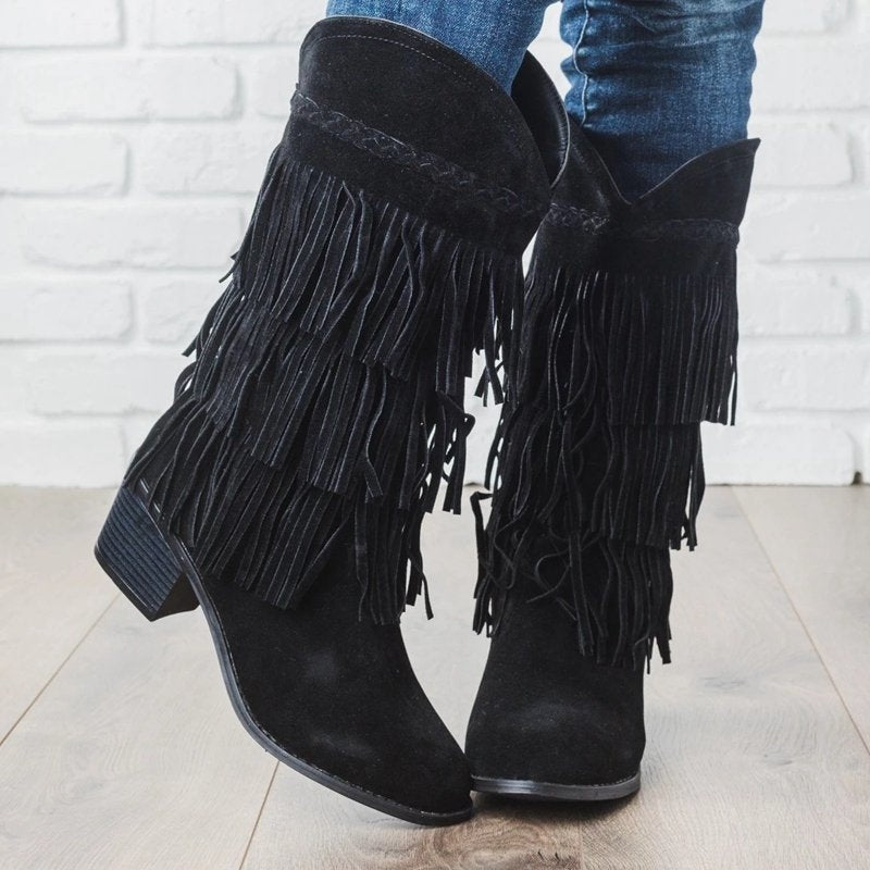 Fringed thick heel high boots