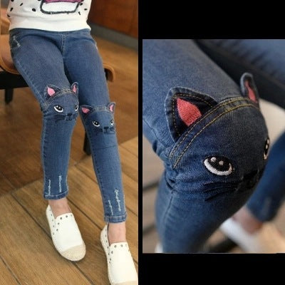 Girls' Children's Cartoon Cat Embroidery Spring And Autumn Jeans Pencil Pants