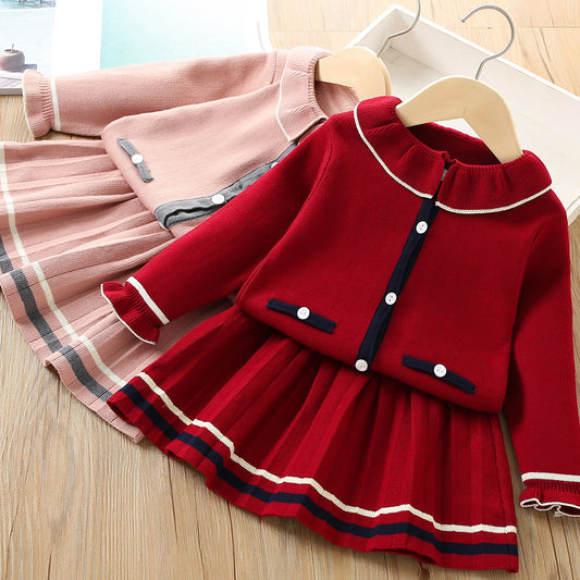 Children's Suit Korean Style Solid Color Knitted Cardigan Two-piece Suit Skirt