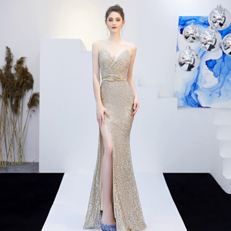 New Banquet Elegant Annual Meeting Long Host Deep V Sexy Fishtail Sequined Dress