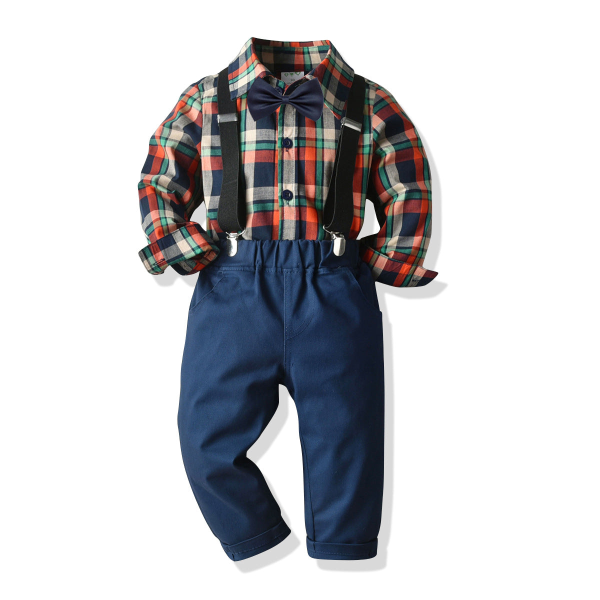 Boy's Four-piece Plaid Shirt Bib Set