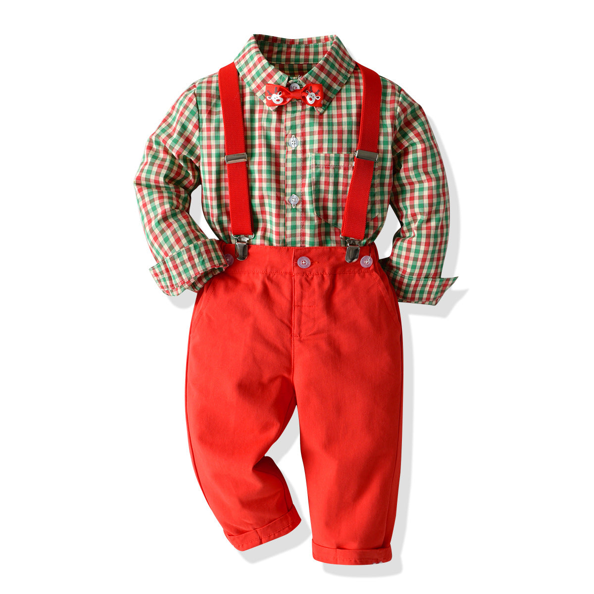 Boy's Four-piece Plaid Shirt Bib Set