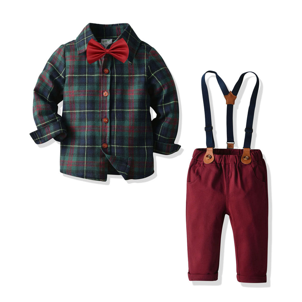 Boy's Four-piece Plaid Shirt Bib Set