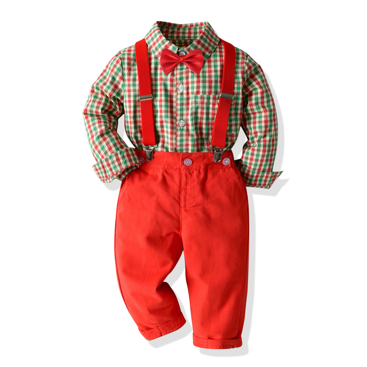 Boy's Four-piece Plaid Shirt Bib Set