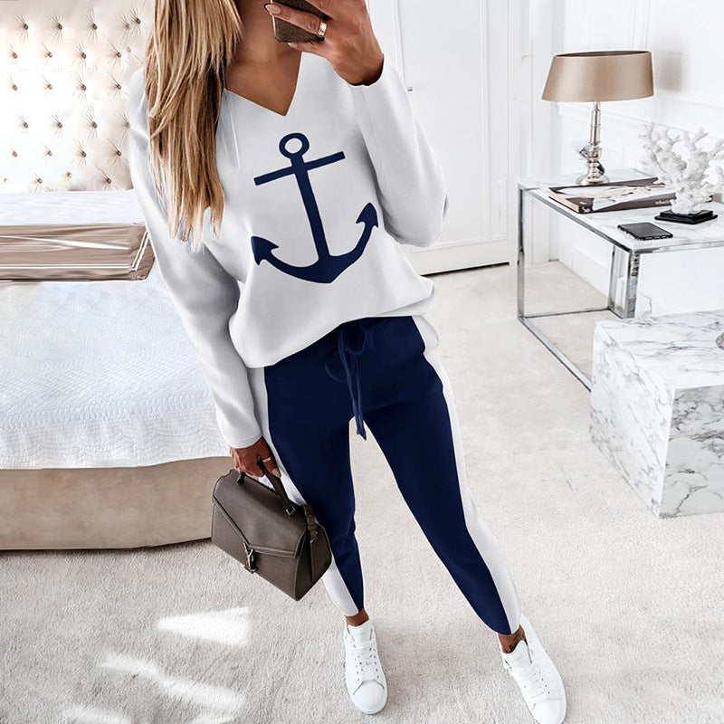 Anchor Women Print Long-sleeved V-neck Fashion Casual Suit