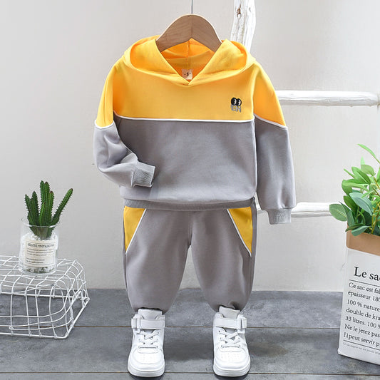 Infant Toddler Baby Boy Fashion Colorblock Hooded Pullover Long-sleeved Shirt Two-piece Set