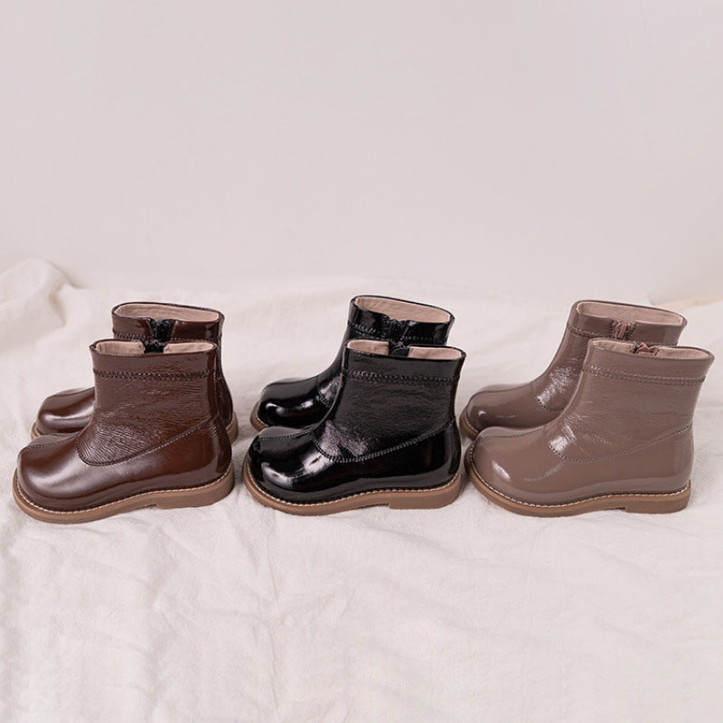 Retro Children's Shoes Middle And Small Children's Solid Color Single Boots Boys Girls