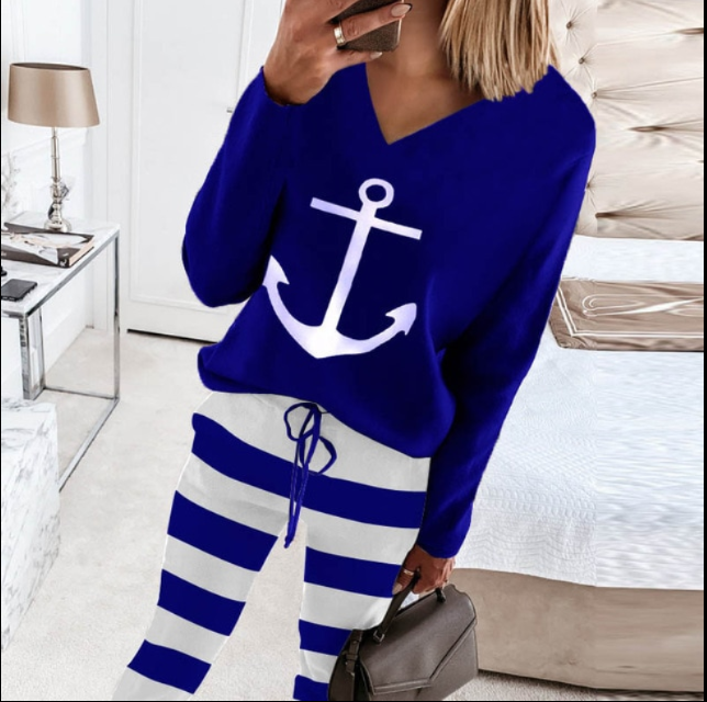 Anchor Women Print Long-sleeved V-neck Fashion Casual Suit