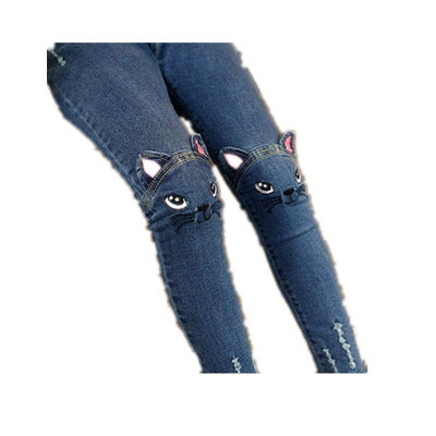 Girls' Children's Cartoon Cat Embroidery Spring And Autumn Jeans Pencil Pants