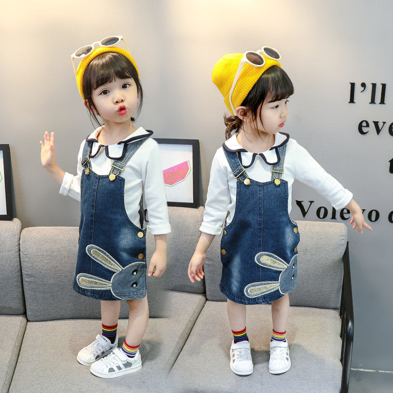 Children's Rabbit Embroidered Long Sleeve Dress Girls Denim Strap Skirt Set