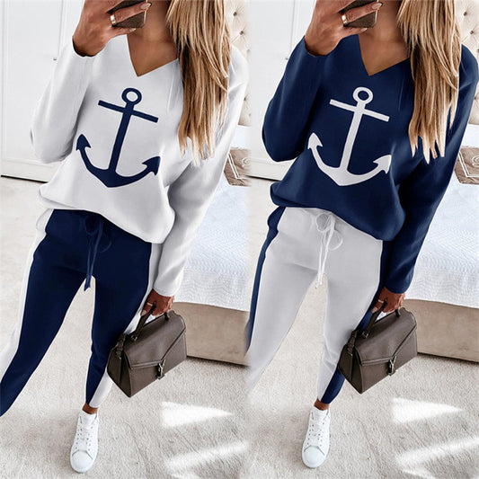 Anchor Women Print Long-sleeved V-neck Fashion Casual Suit