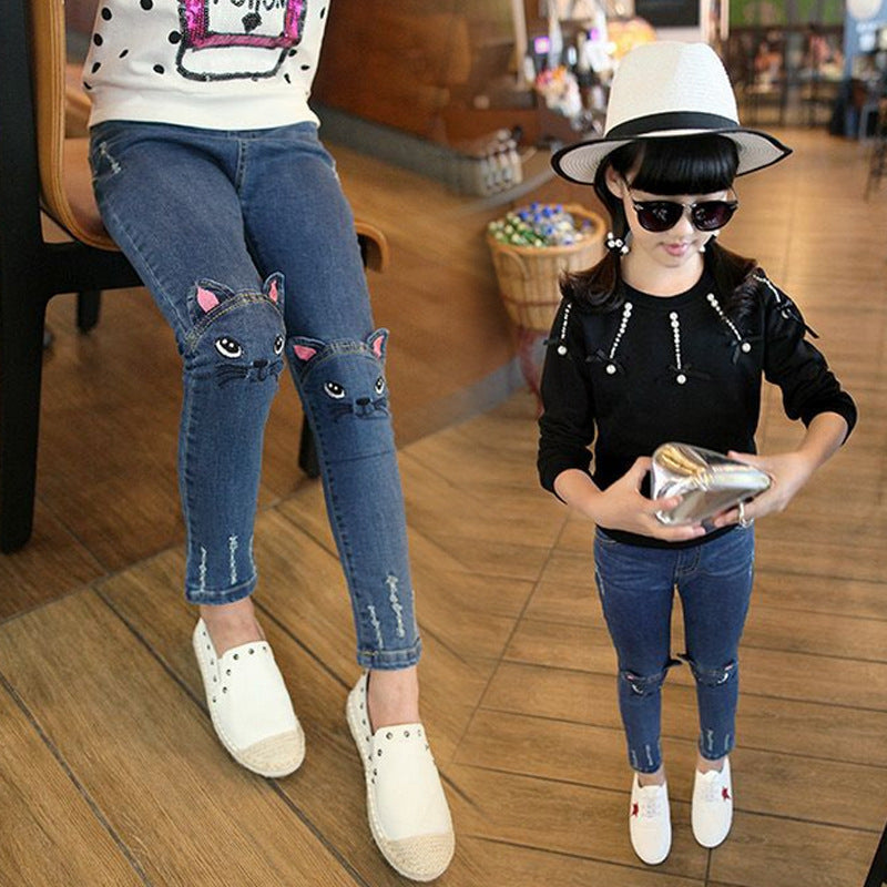 Girls' Children's Cartoon Cat Embroidery Spring And Autumn Jeans Pencil Pants