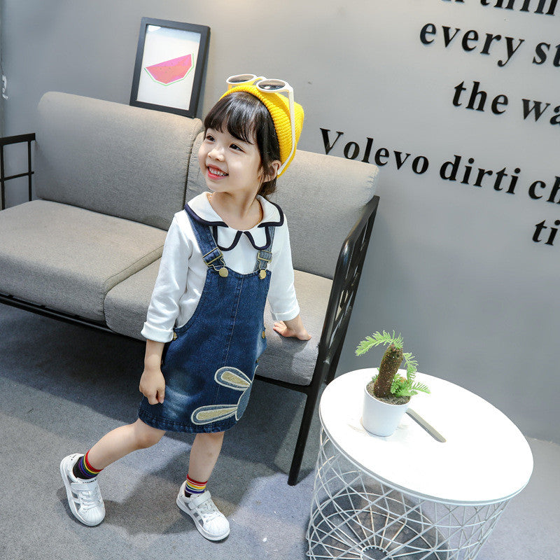 Children's Rabbit Embroidered Long Sleeve Dress Girls Denim Strap Skirt Set